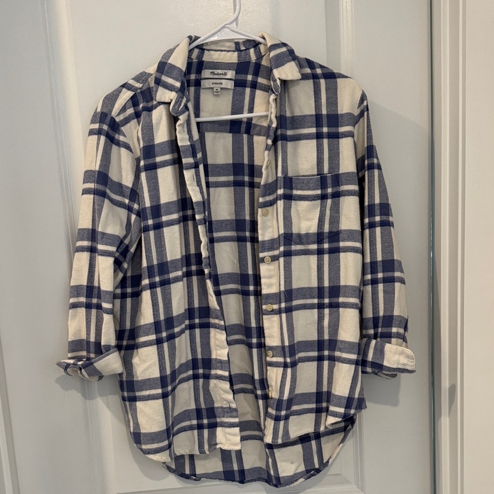 Madewell White and Navy Plaid Button-Down Shirt
